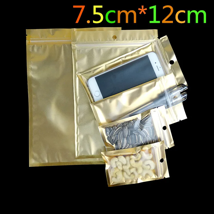 

7.5cm*12cm Golden / Clear Self Seal Party Zipper Plastic Retail Packing Pack Bag, Zip Lock Bag Retail Package With Hang Hole