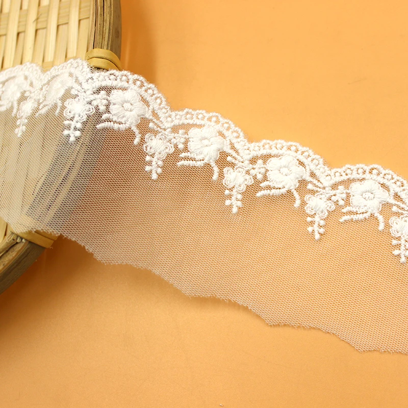 Lace Trim 15 yard Ivory Gauze Mesh Tulle Cotton Embroidered Lace Fabric Ribbon Tapes 5cm 1.96