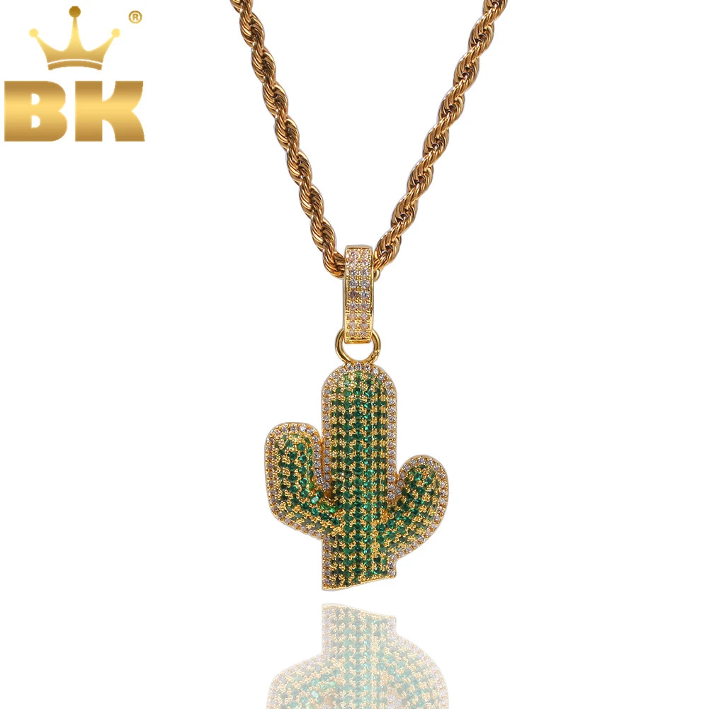 

THE BLING KING Full Iced White/green Cubic Zirconia Cactus Shape Pendants Fashion Hiphop Plant Necklace Gold Color Mens Jewelry