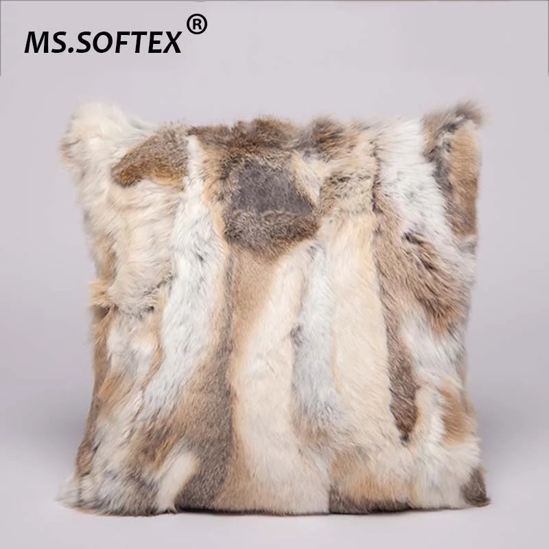 MS.Softex Natural Fur Cushion Cover Home Decoration Genuine Rabbit Fur Pillow Case Patchwork Pillow Cover