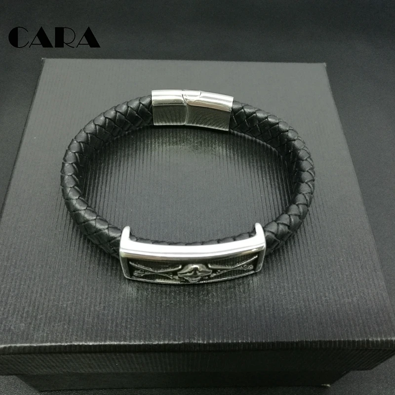 2019 pirate 316L Stainless Steel Bangle Men Leather Cord Bracelet&Bangle Black Color Leather Bracelet For Men Wristband CARA0051