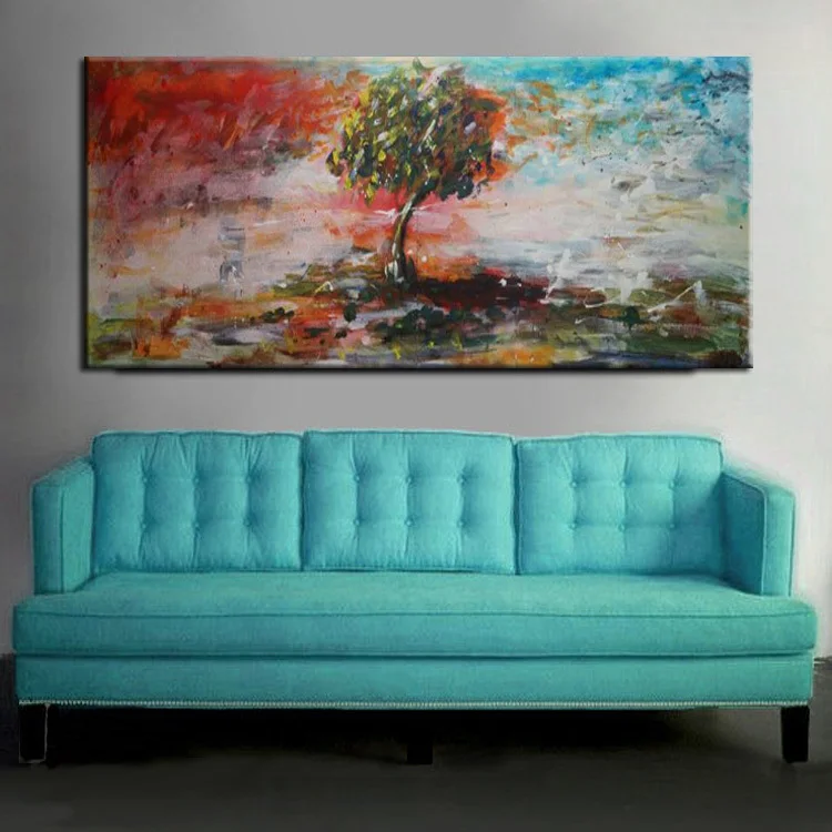 Old Skilled Painter Handmade Beautiful Landscape Abstract Blue And Red Tree Oil Painting On Canvas For Living Room Decoration