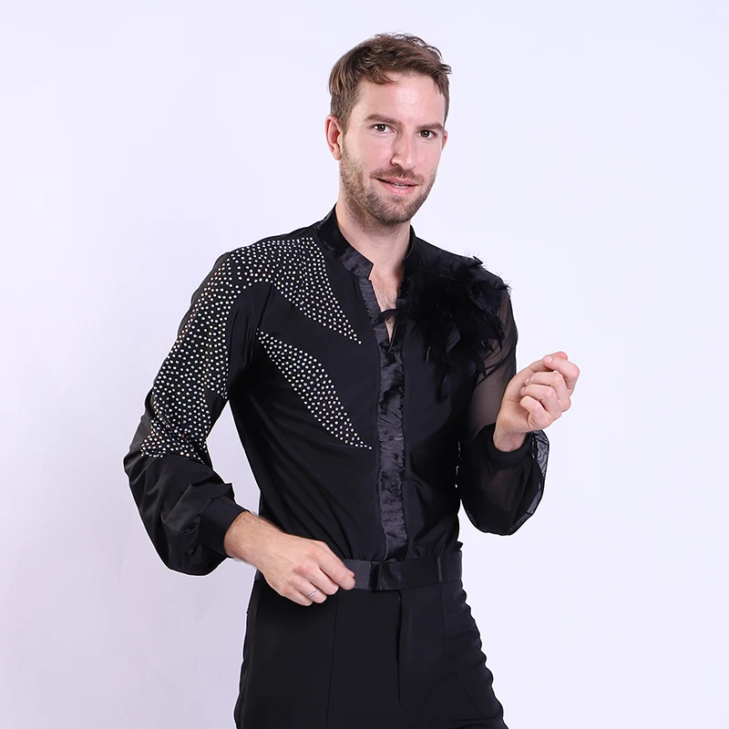 Latin Dance Shirts Men Rhinestone Net Yarn Long Sleeve Competition Men's Dance Top Cha Cha Rumba Samba Dancewear Mens DNV10992 image 2