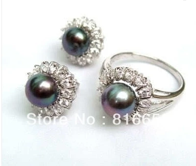 Free shipping@@charming Silver black 8-9mm pearl Ring+Earring jewelry set