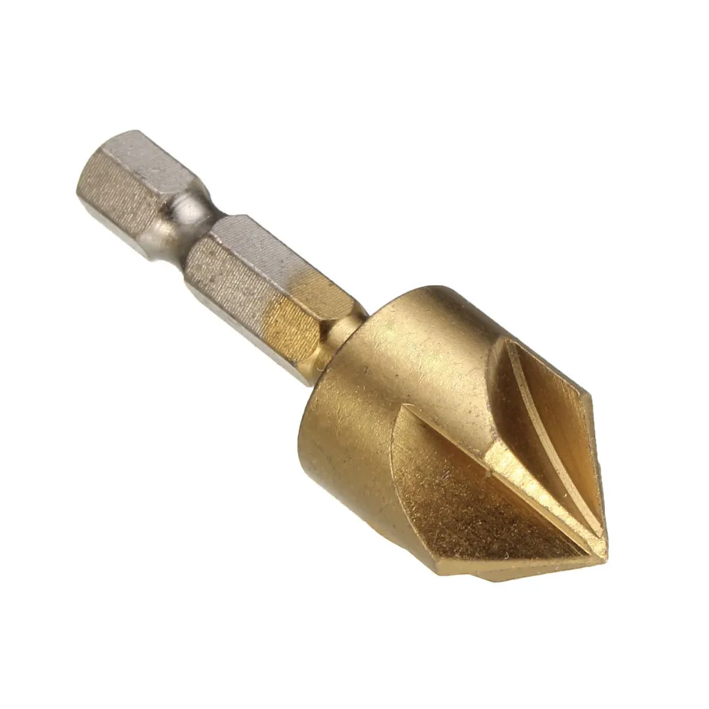 3Pcs 12/16/19Mm 5 Fluit Afschuining Countersink 1/4 "Hex Shank Hss 90 Graden Hout afkanten Cutter Afschuining Verzinkboor Boor