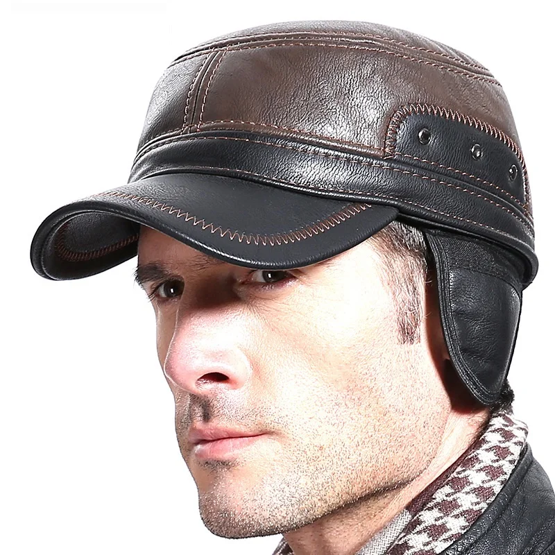 Men\'s Outdoor Leisure Cap Adult Genuine Leather Hat Male Winter Ear Protection Flat Peaked Cap Youth Leisure baseball Cap B7224