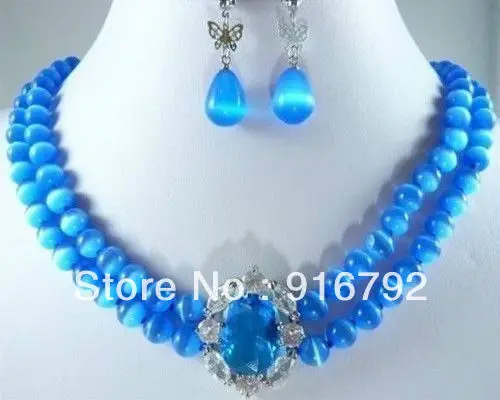 

Wholesale free shipping Pretty 2 Rows 8MM Blue Opal Necklace Earring