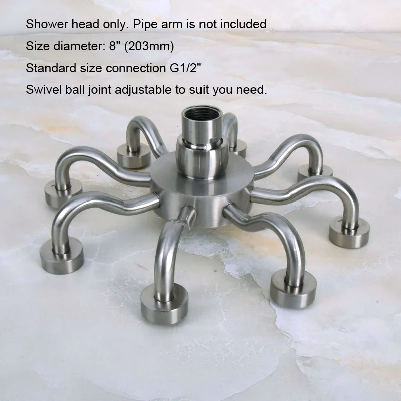 Pomme de douche à huit griffes en laiton Nickel brossé, 8 pouces (1/2 pouces), accessoire de salle de bain (Standard) ash214