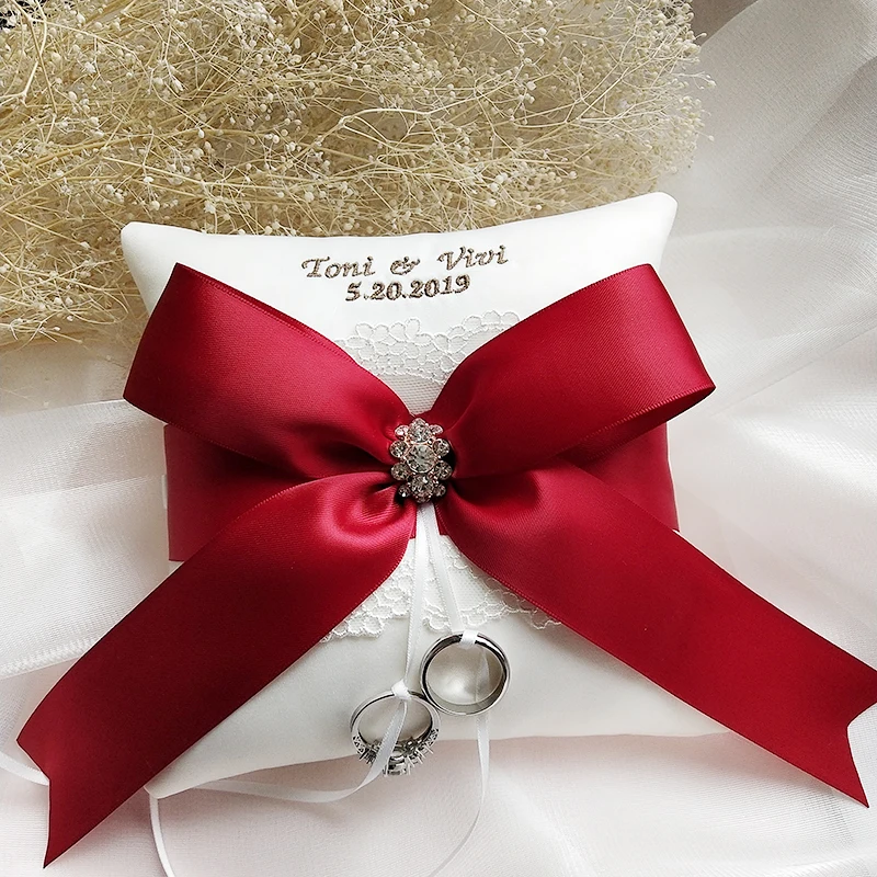 

Personalization Wedding Ring Pillow Red Ribbon Bow Customized Name And Date Bridal Cushion Valentine Day Gifts Festive Supplies