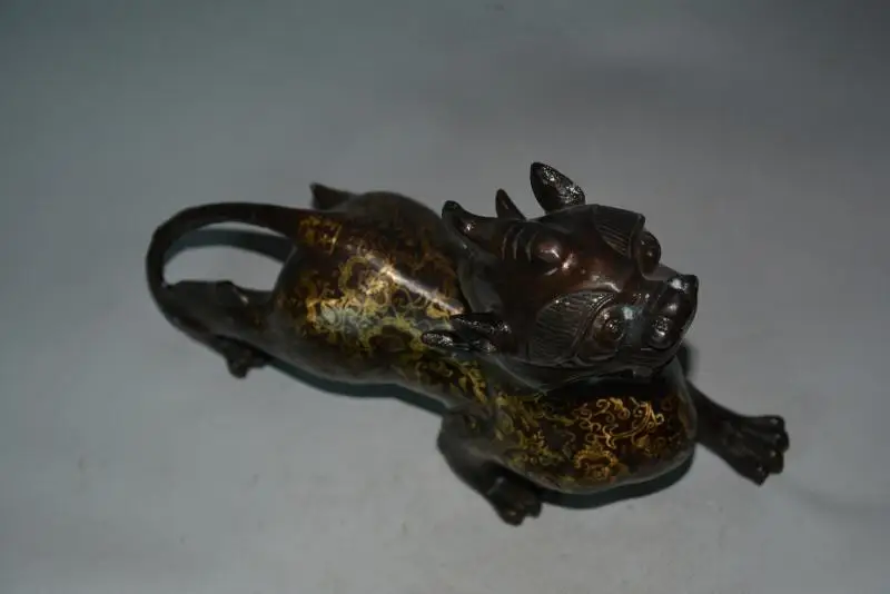 Old Chinese Gilt flowers brass mythical wild animal statue,Free shipping