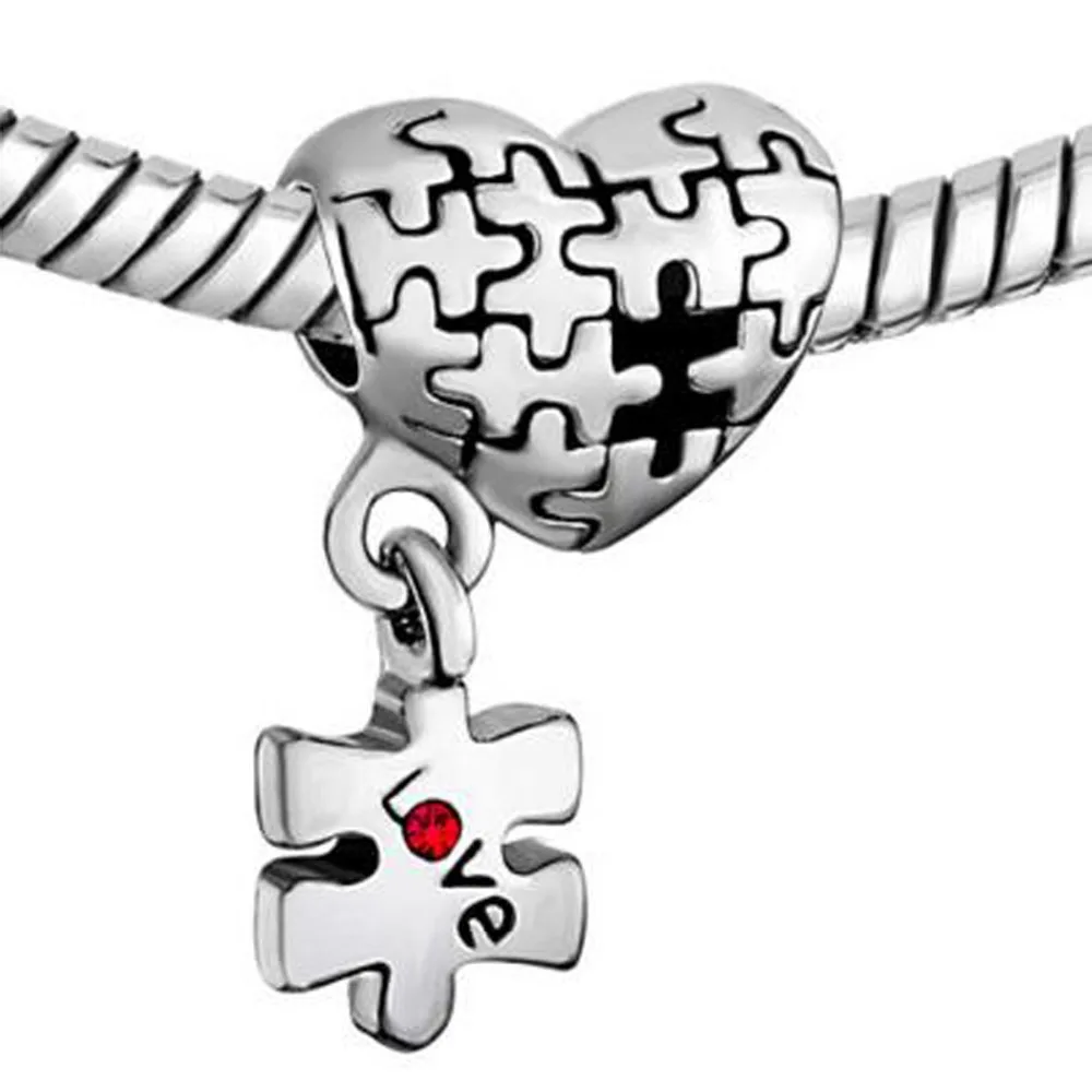 Slide Charm Free Shipping  Autism Awareness Heart Charm Bracelet Dangle Love Red Crystal Charm Beads 11 Fit Pandora Bracelet