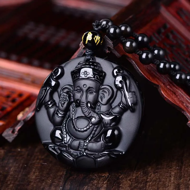 Natural Black Obsidian Carved Ganesh Elephant Lucky Pendants Free Necklace Fine Stone Crystal Fashion woman man Amulet Jewelry