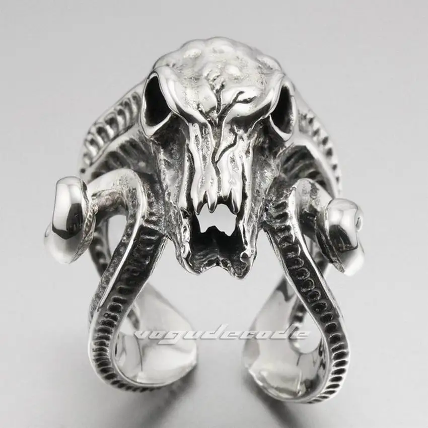 Large Ran Skull Horn Aries 316L Stainless Steel Mens Biker Ring 6R005 image 2