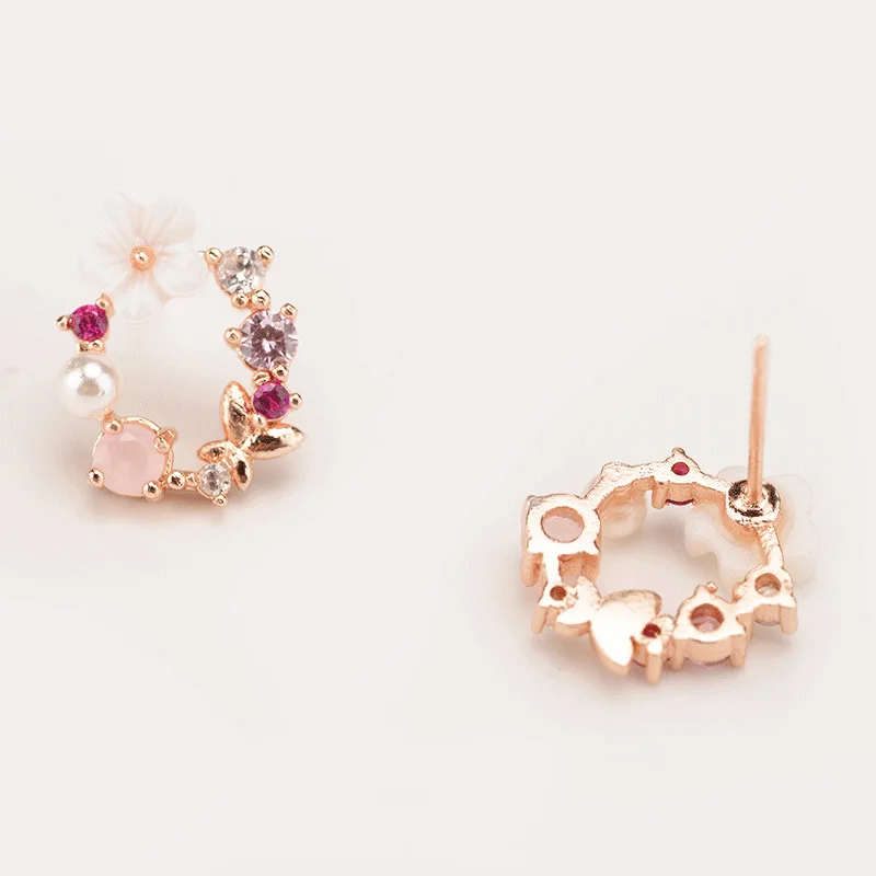 Twinkling Pink Clear White Purple Rhinestone Vivid Flower Simulated Pearl Sweet Garland Stud Earrings For Women