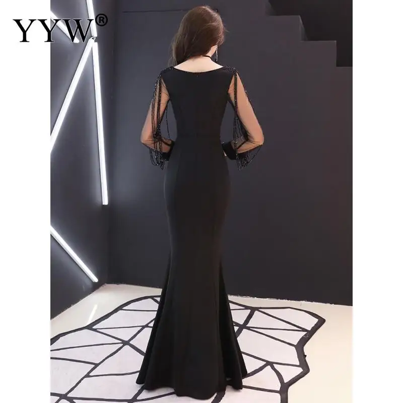 Elegant Celebrity Party Mermaid Dress Women Wine Red Long Sleeve Rhinestone Chain Fishtail Long Party Dress Club Formal Vestidos