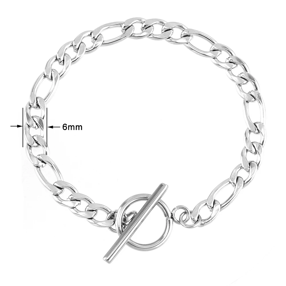 Stainless steel men Toggle clasps Bracelets 6mm size Figaro Chain with Heart Cross Round Charms  bangle  Jewelry gift