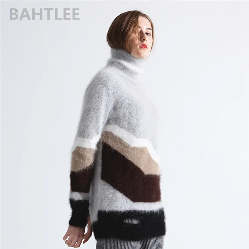 BAHTLEE-pullover lavorati a maglia a collo alto Angora da donna, maglione di lana, Design a foro, maniche lunghe, tenere al caldo, sciolto, inverno