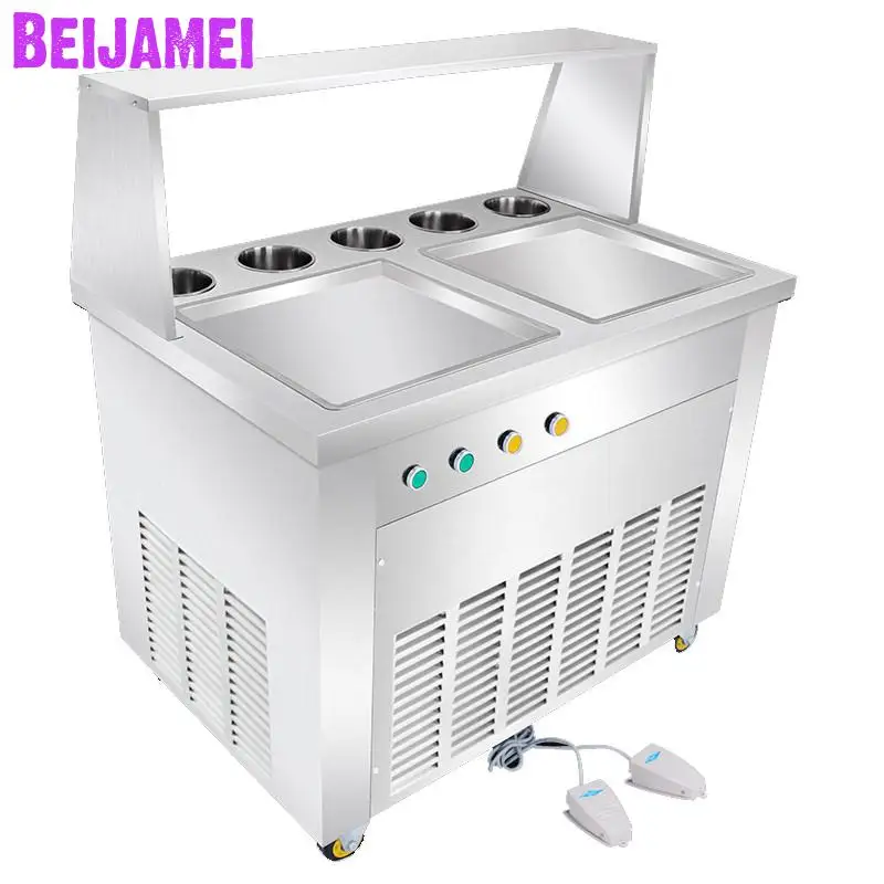 BEIJAMEI Thailand Fried Ice Cream Machine Commercial Double Square Pan Fried Ice Cream Roll Machine With 5 Tanks