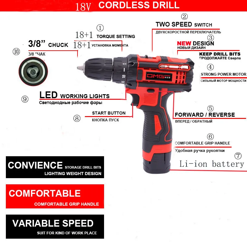 18V  Electric Drill Cordless Screwdriver Lithium Battery Mini Drill Cordless Screwdriver Power Tools Cordless Drill