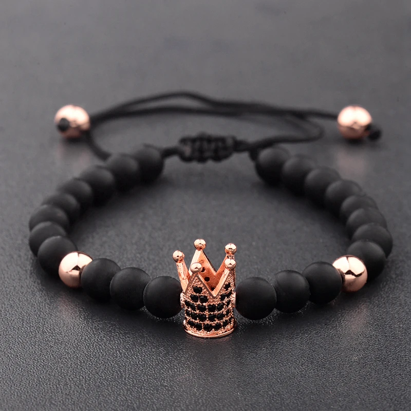 DOUVEI 6mm Pave Zircon Crown Weaving Bracelet Charm Men Handmade Black Matte Bracelets For Women Dropshipping ABL007