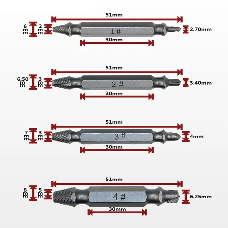 4pcs Carpenters Screw&Bolt Extractor Guide Drill Removal Broken Bolts Easy Out Double Side Bolt Stud Screw Remover Extractors