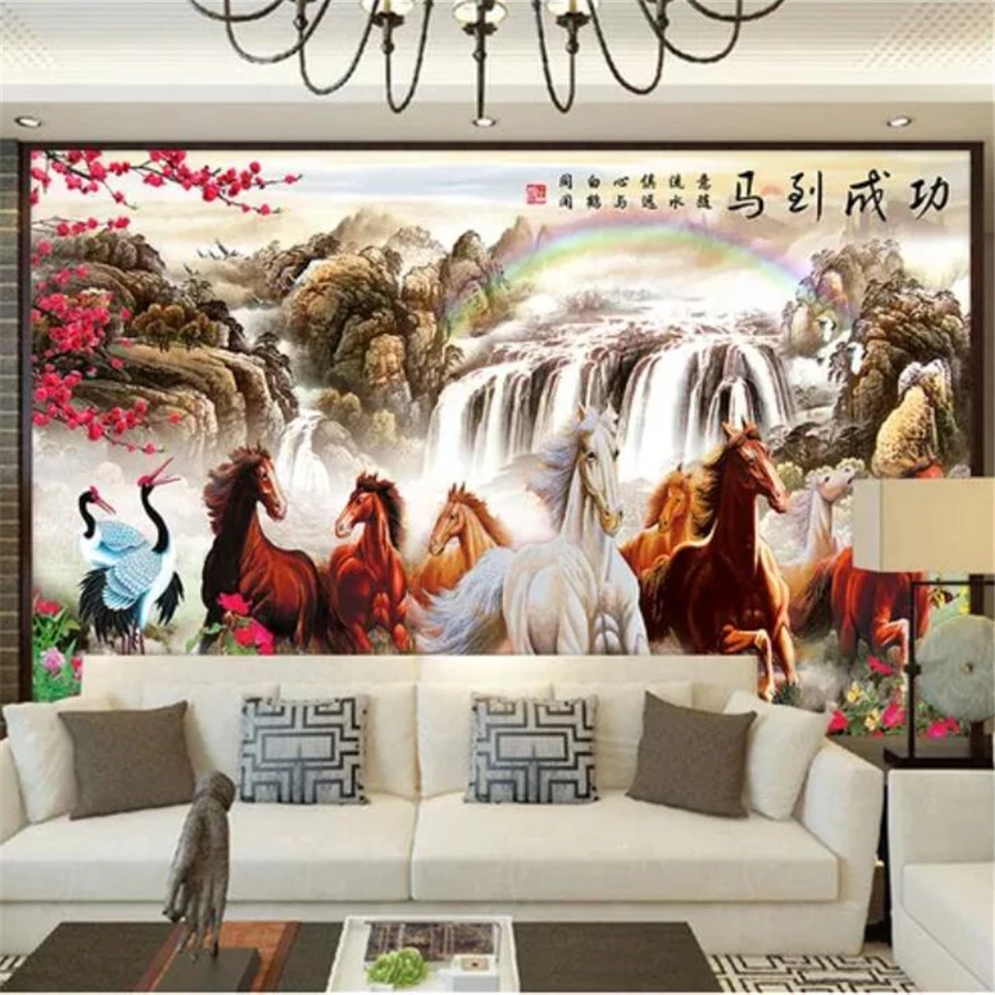 Custom wallpaper 3d photo mural horse to success Chinese painting landscape living room TV background wall decoration painting