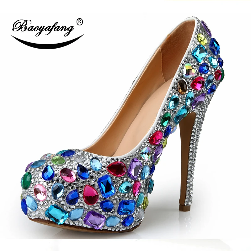 

BaoYaFang Multicolored Crystal Womens Wedding shoes High Heeled Pumps Platform shoes for woman Round Toe