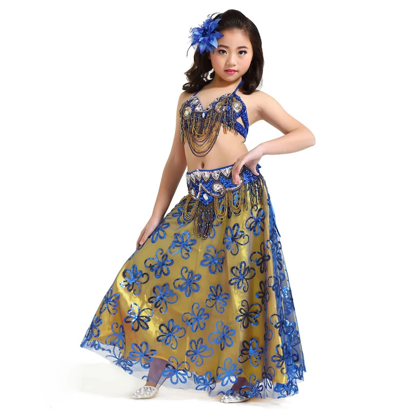 2018 New Arrivals Children Dance Wear Sequins Outfits Belly Dance Costume Stage Performance 3 Pieces Flower Skirt #853