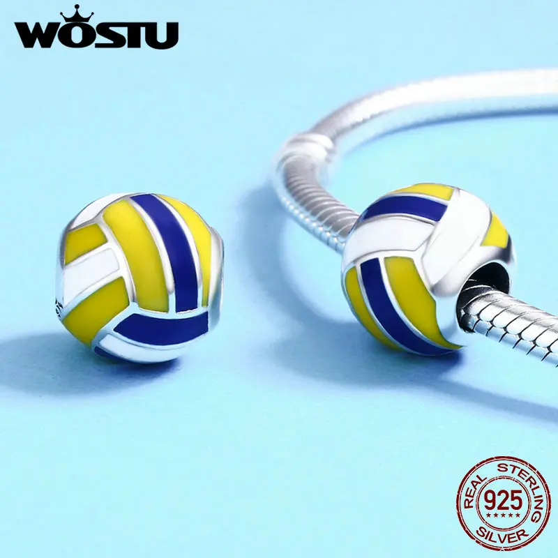 WOSTU 100% 925 Sterling Silver Volleyball Love Sport Ball Charm Beads fit Original Charm Bracelet DIY Jewelry Making FIC448