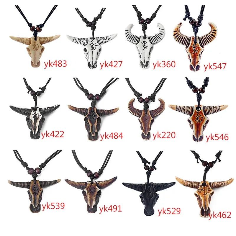 12PCS Ethnic Tribal Imitation Yak Bone Carving YOGA Symbol Bull Skull Head Pendant Necklace Jewelry 17-33inch Adjustable