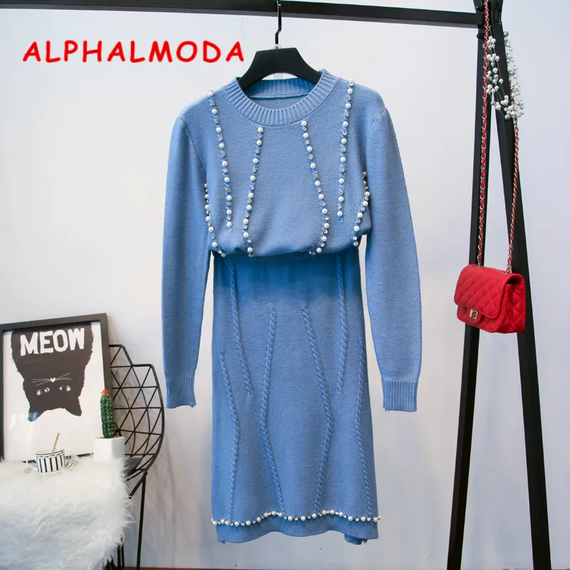 ALPHALMODA-Twisted Knitted Striped Suit for Women, Two-Piece Outfits, Hand-Made Crystal, Elegant, Winter