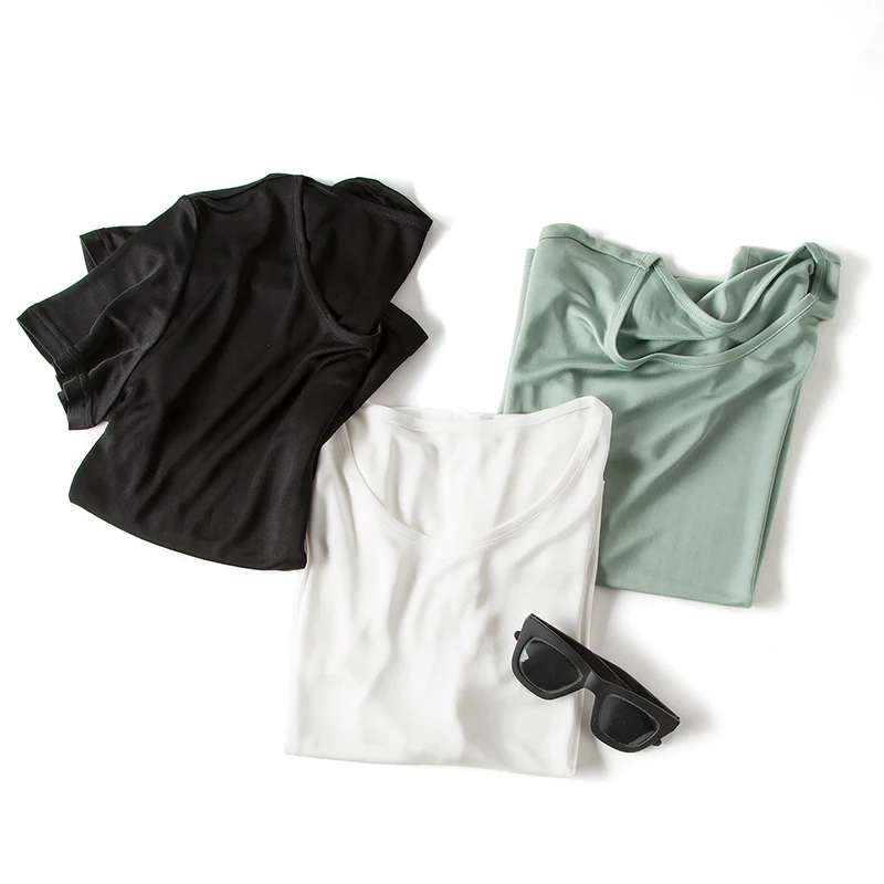 Suyadream Vrouwen T-shirt 30% Zijde 70% Viscose O Hals Korte Mouwen Dieptepunt Shirt 2022 Zomer Overhemd Basic Top Wit zwart
