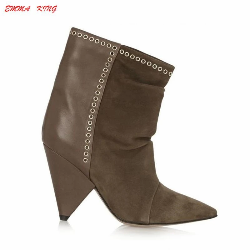 2019 Fashion Suede Leather Patchwork Sexy Ankle Boots Women Spike High Heel Pointy Toe Metal Pleated Flock Ladies Short Boots