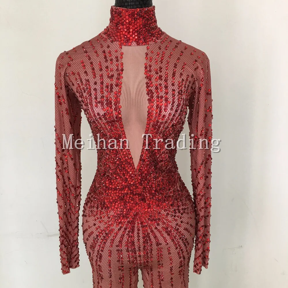 Fashion Sexy Red Crystals Bodysuit Nightclub Show RomperStage Dance Wear Rhinestones Jumpsuit Costume Female Singer Wear