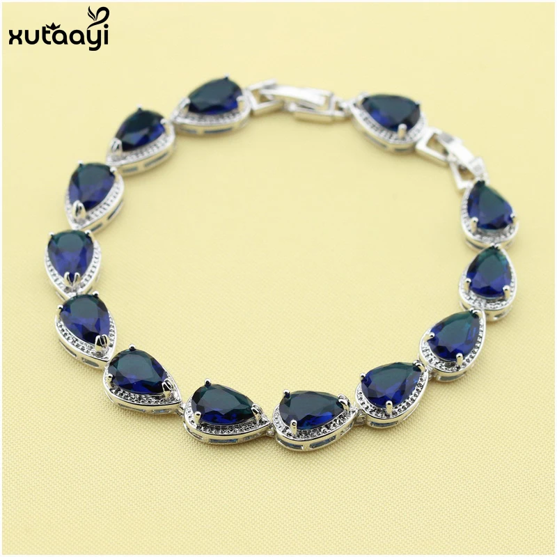 XUTAAYI Top Quality  Silver Jewelry Sets Blue Created Sapphired Flawless Necklace/Rings/Earrings/Bracelet For women