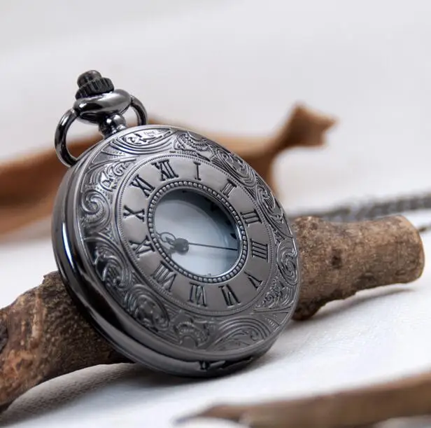 Vintage black Hollow out Roman numerals and Arabic numeral pendant men and woman Necklace pocket watches gift PO986