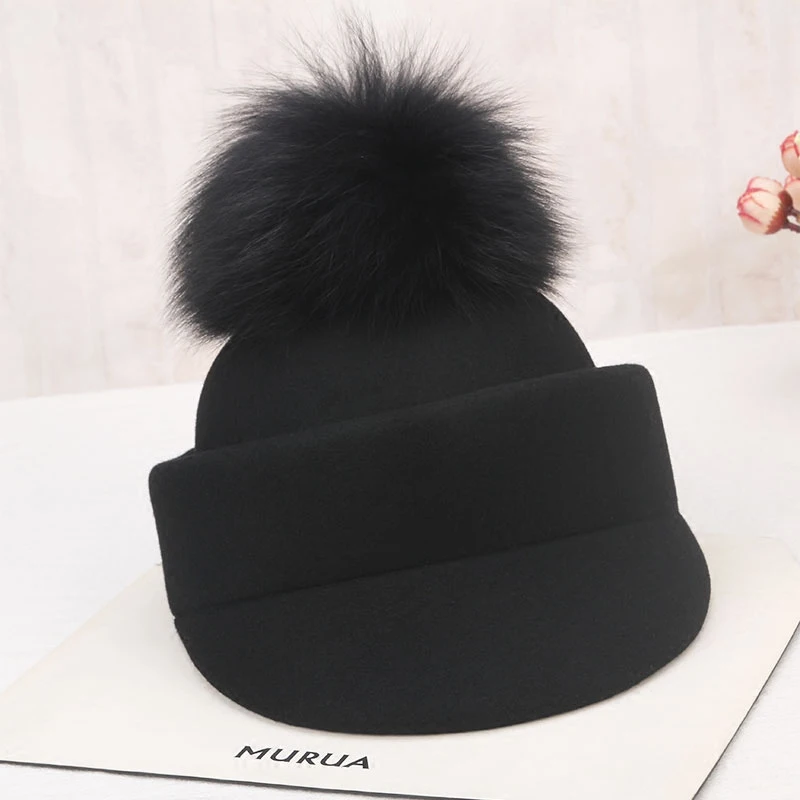 

Lady Fedoras Wool Hat Girls Woolen Leisure Cap Fashion Fox Wool Ball Equestrian Winter Warm Black Cap Beret Hats Adjust B8959