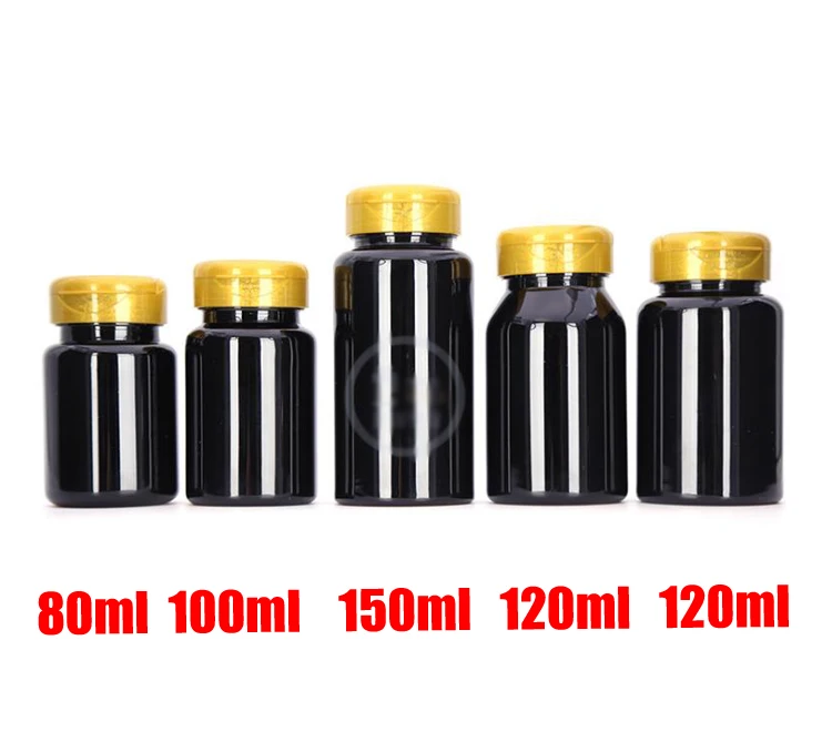 100pcs TOP Black PET Bottles,Plastic Capsules Bottles, Pills/Powder/Vitamin Bottles with Golden Flip Cap 80ml/100ml/120ml/150ml