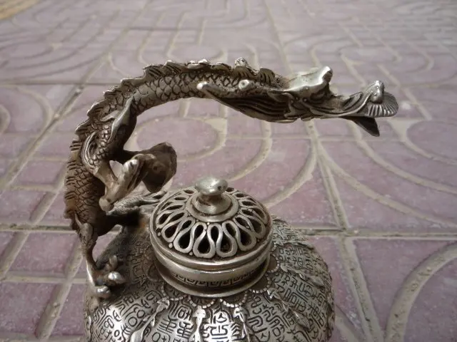 Distinctive Old Ming Dynasty silver censer/ incense stove,Carved dragon,wonderful design, Free shipping