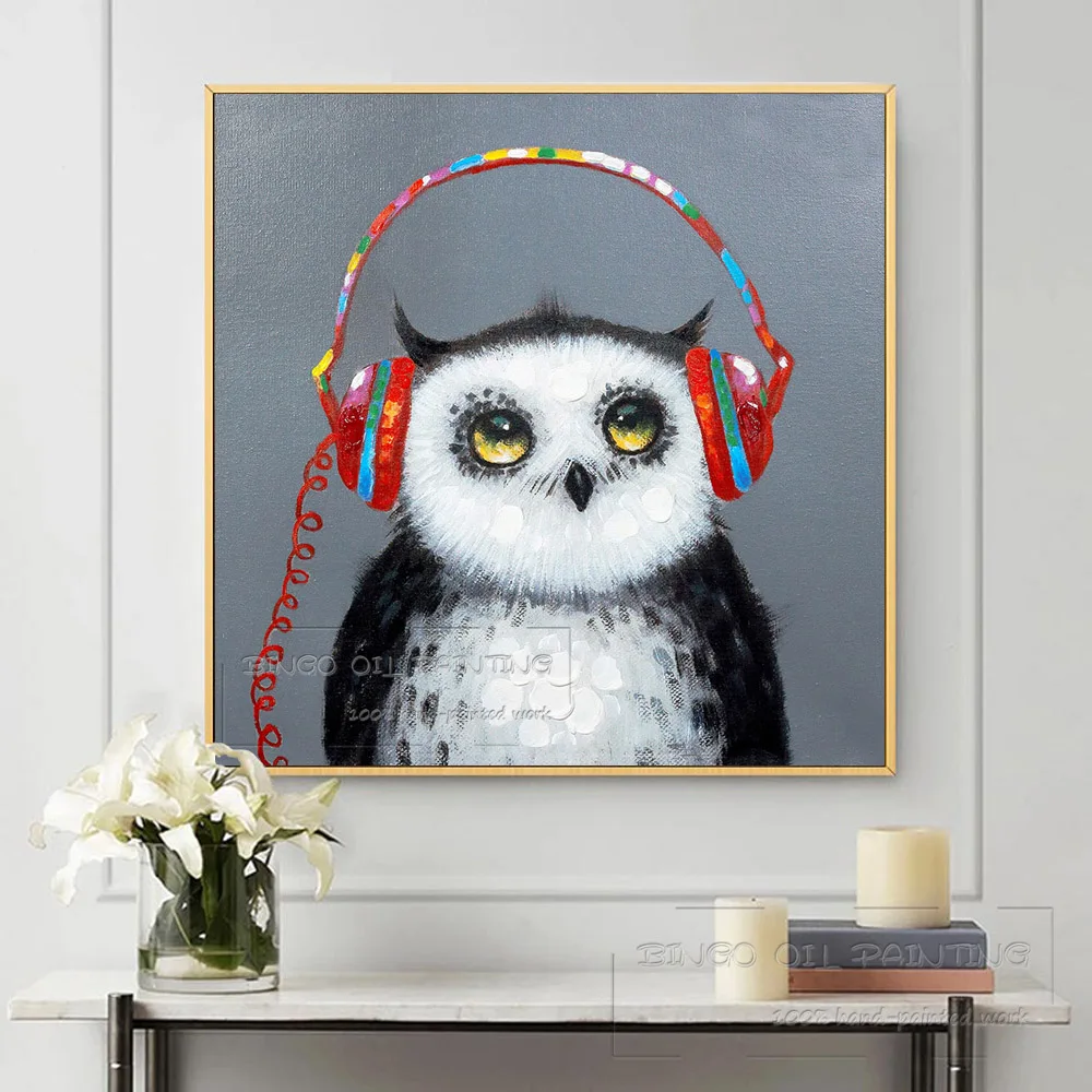 Artist Handmade High Quality Funny Animal Attentive Owl Oil Painting on Canvas Lovely Owl Picture Handmade Owl Knife Painting