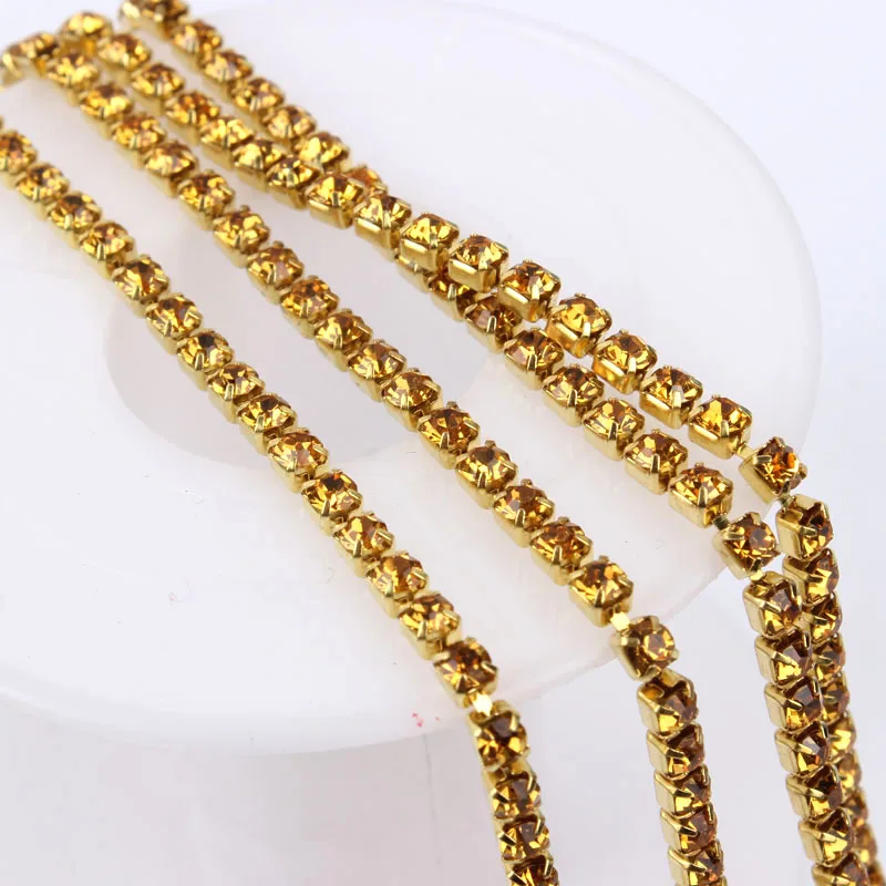 Densely Rhinestone SS6-SS12 Golden Rhinestone Cup chainMulti colors Crystal chains 3/5yards for Garment Bags Nail DIY Accessoire