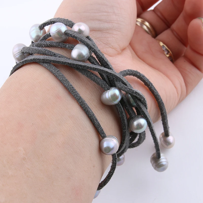 Bracelets Natural Freshwater Pearl Charm Fashion Korean Velvet Wrapped Pearl Multi-layer Bracelet and Necklace
