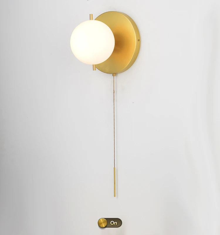 Signalleuchte, minimalistische Wandleuchte, Gold, Kunststil, Designer, Schlafzimmer, Esszimmer, Nachttisch, Flur, Reißverschlussschalter, Glaskugel-Wandleuchte – Detail 1