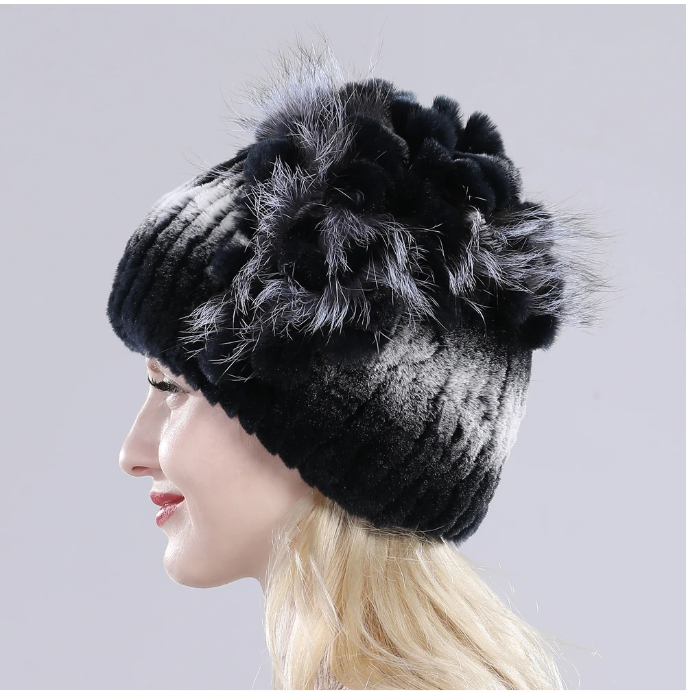 Neue Russische Damen Echt Rex-Kaninchenfell Mützen Luxuriöse Gestrickte Blumen Echte Rex-Kaninchenfell Kappe Winter Echt-Fell Beanie Mütze – Detail 19