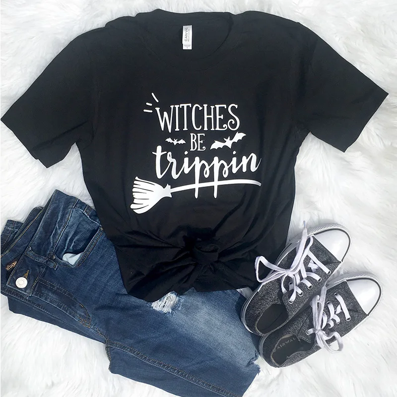 

New Women T-shirt Letter Casual Halloween Tee Printed Witches Be Trippin Printing Graphic Shirt Female Tops Couple Clothes Punk