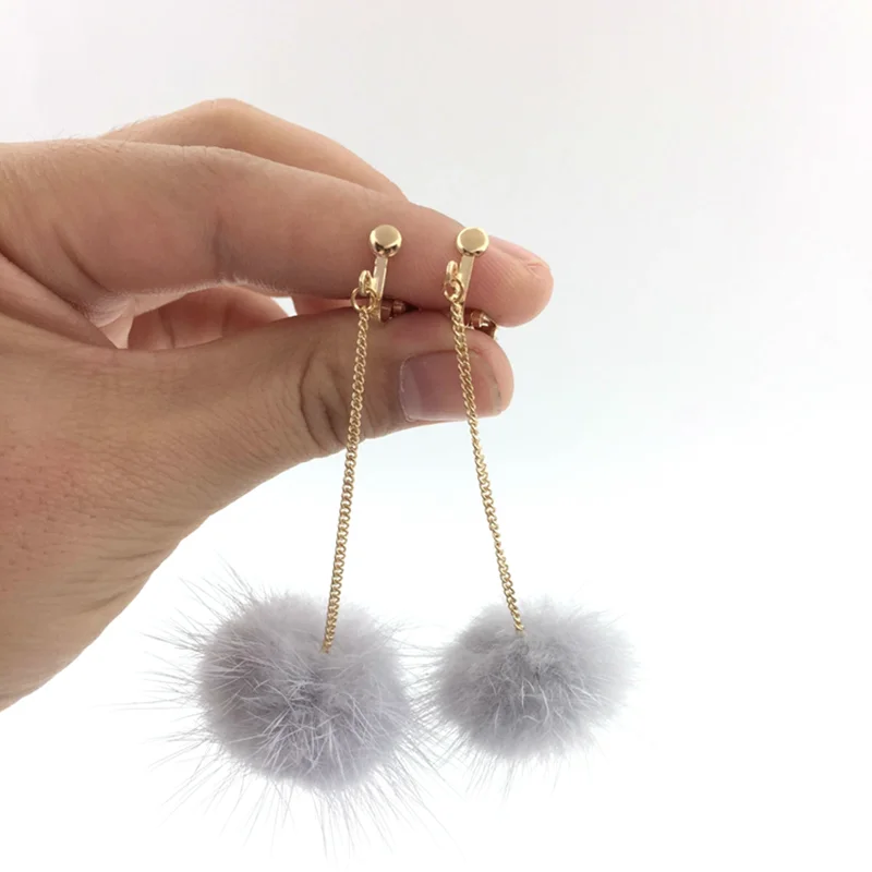 GRACE JUN Clip on Earrings No Pierced for Women Fashion Bridal Wedding Top Quality Rabbit Mink Fur Ball Cuff Earrings No Allergy