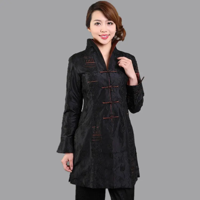 Blue Autumn New Chinese Female Satin Jacket Traditional Long Sleeve Embroidery Coat Flowers Size S M L XL XXL XXXL 4XL 5XL