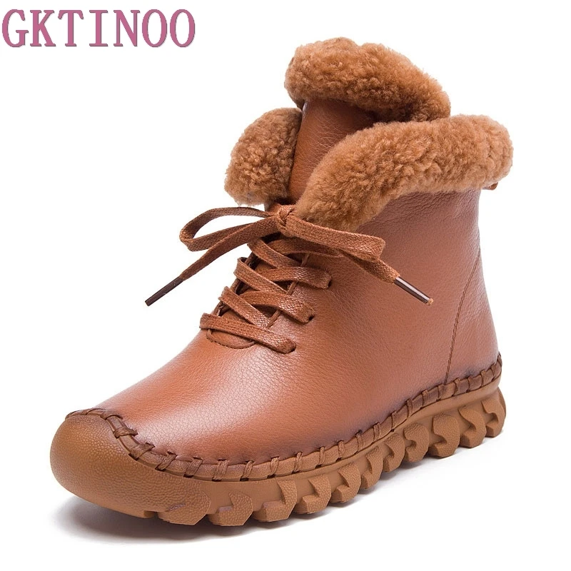 GKTINOO Winter Female Plus Velvet Genuine Leather Shoes Snow Platform Boots Women Thermal Cotton-padded Shoes Flat Ankle Boots