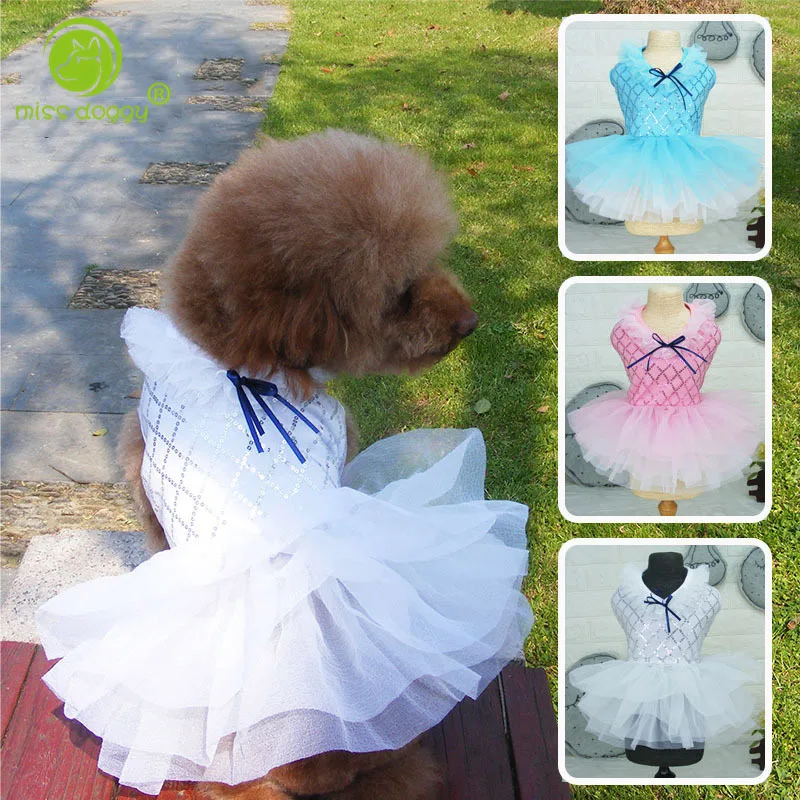 Summer Princess Dresses for Small Dogs Grid Sequins Tutu Wedding Party Skirt Clothes for Chihuahua Yorks Yarn Skirt Cat Clothing