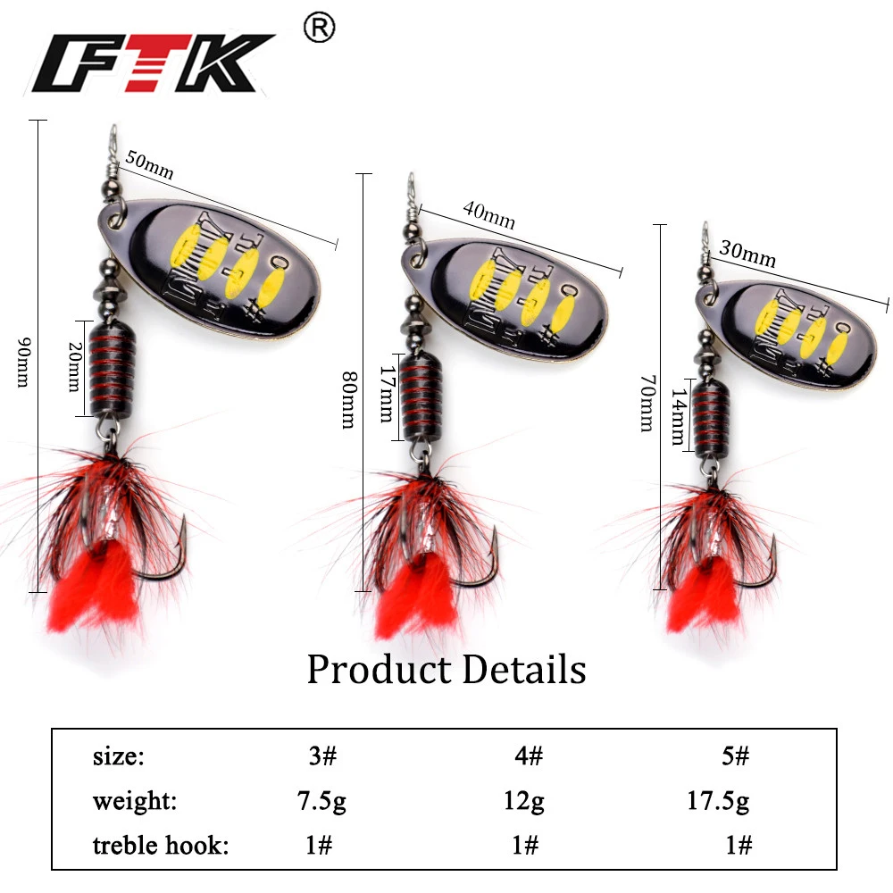 FTK 1pc Spinner Bait 7.5g 12g 17.5g Hard Spoon Bass Lures Metal Fishing Lure With Feather Treble Hooks For Pike Fishing